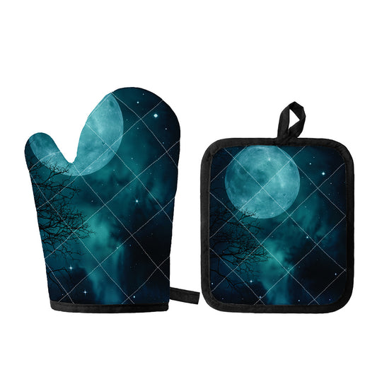 Night Sky And Full Moon Print Oven Mitt And Pot Holder Set