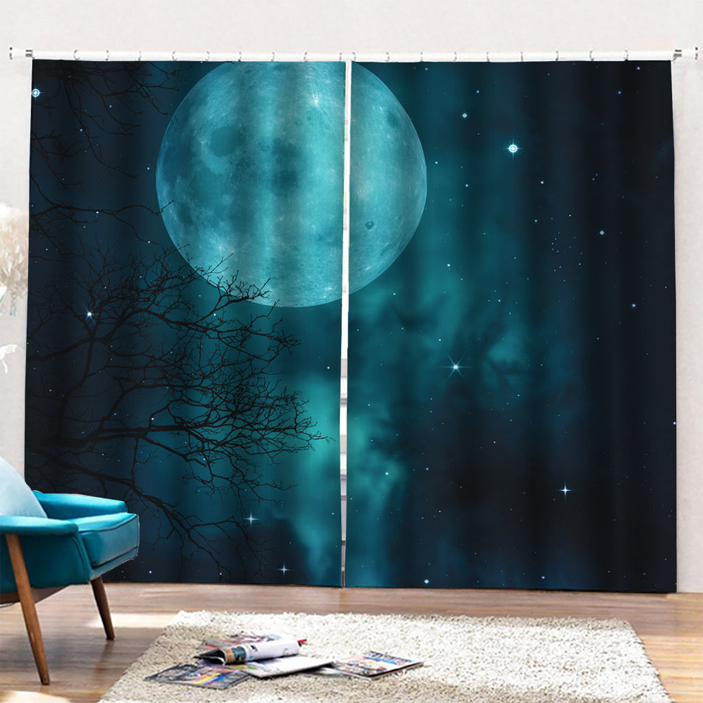 Night Sky And Full Moon Print Pencil Pleat Curtains