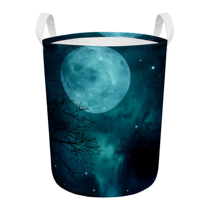 Night Sky And Full Moon Print Round Laundry Basket