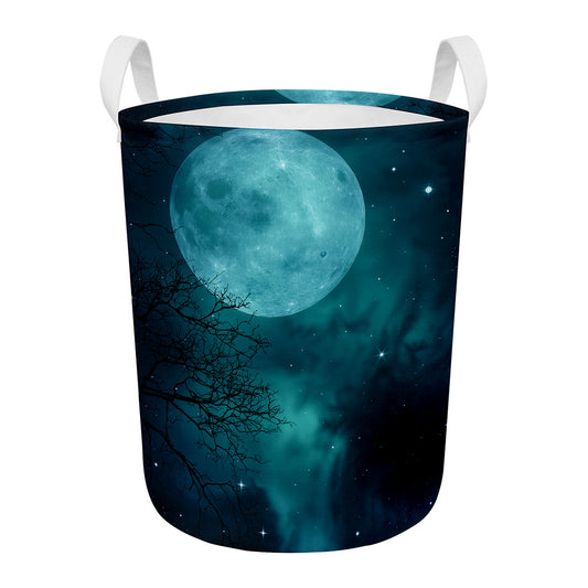 Night Sky And Full Moon Print Round Laundry Basket
