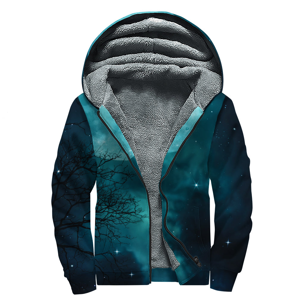 Night Sky And Full Moon Print Sherpa Lined Zip Up Hoodie