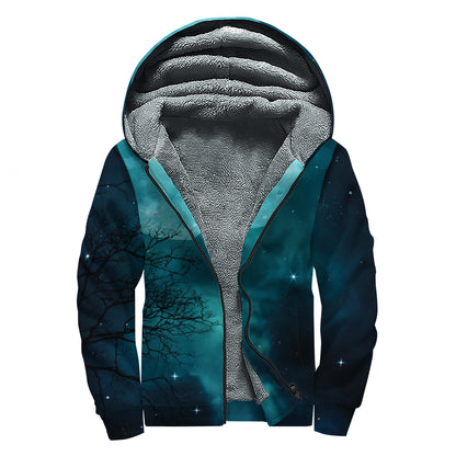 Night Sky And Full Moon Print Sherpa Lined Zip Up Hoodie