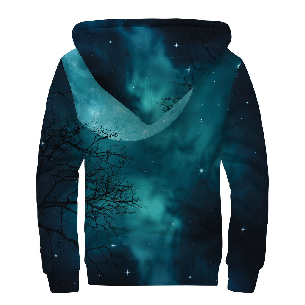 Night Sky And Full Moon Print Sherpa Lined Zip Up Hoodie