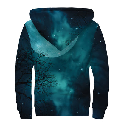 Night Sky And Full Moon Print Sherpa Lined Zip Up Hoodie