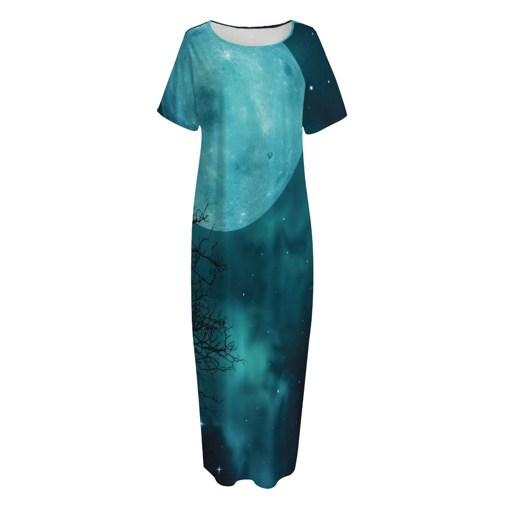 Night Sky And Full Moon Print Short Sleeve Long Nightdress
