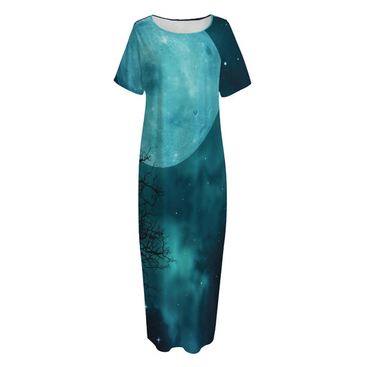 Night Sky And Full Moon Print Short Sleeve Long Nightdress