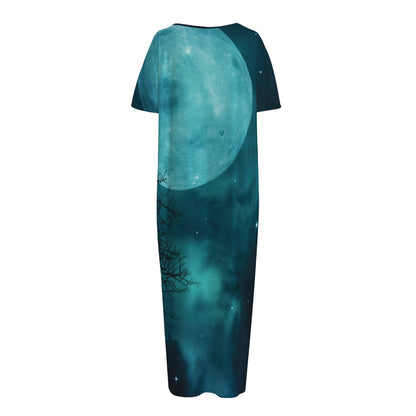 Night Sky And Full Moon Print Short Sleeve Long Nightdress