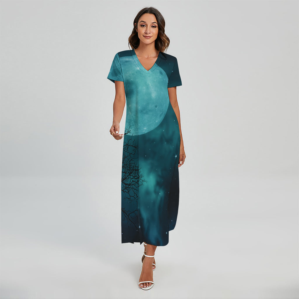 Night Sky And Full Moon Print Short Sleeve Maxi Dress