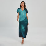 Night Sky And Full Moon Print Short Sleeve Maxi Dress