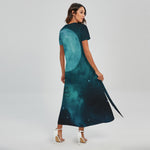 Night Sky And Full Moon Print Short Sleeve Maxi Dress