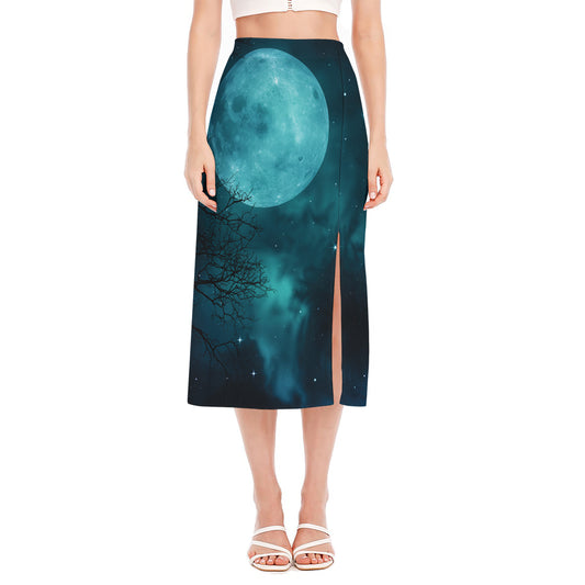 Night Sky And Full Moon Print Side Slit Midi Skirt