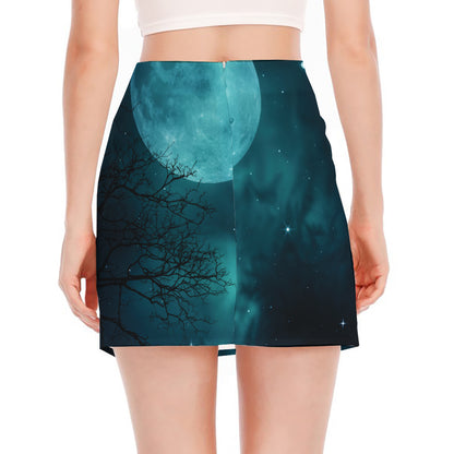 Night Sky And Full Moon Print Side Slit Mini Skirt