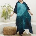 Night Sky And Full Moon Print Silk V-Neck Kaftan Dress