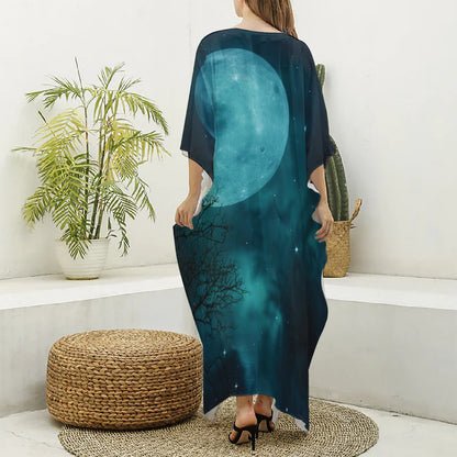 Night Sky And Full Moon Print Silk V-Neck Kaftan Dress