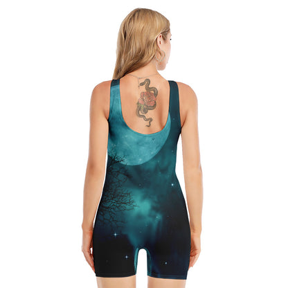 Night Sky And Full Moon Print Sleeveless One Piece Swimsuit