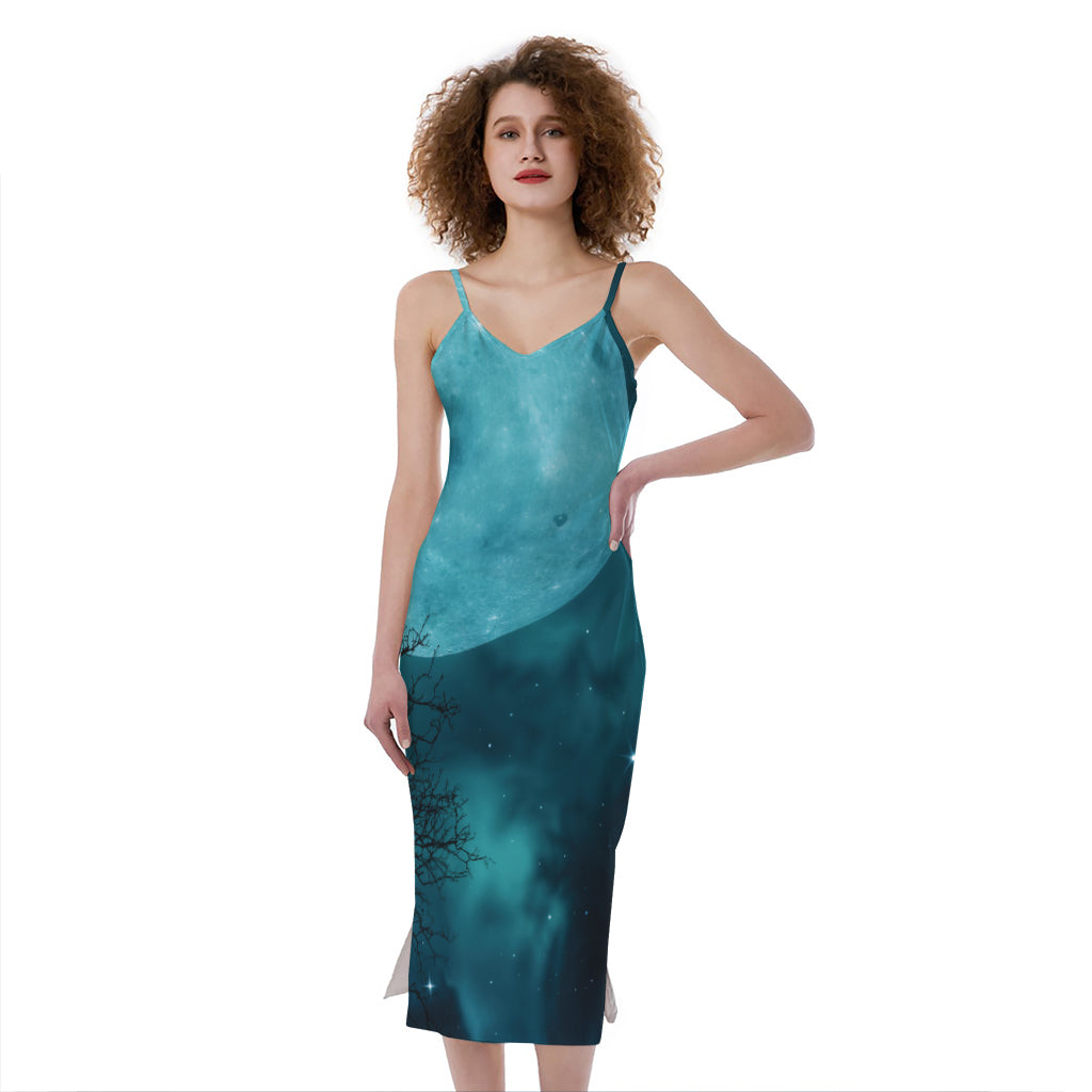 Night Sky And Full Moon Print Slim Fit Midi Cami Dress