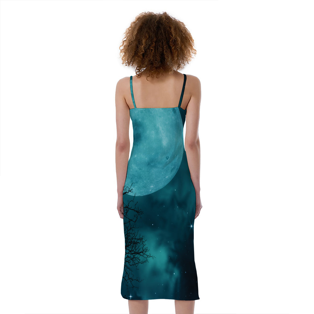 Night Sky And Full Moon Print Slim Fit Midi Cami Dress