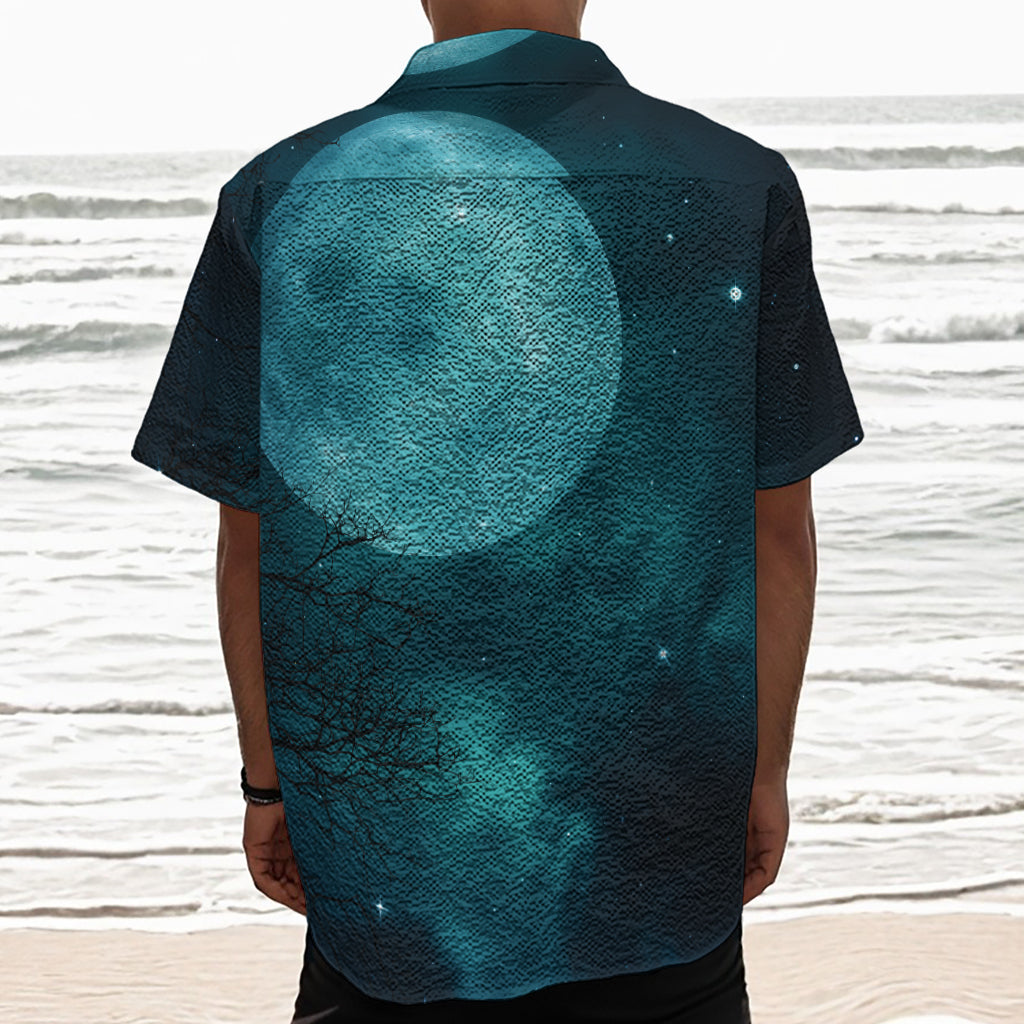 Night Sky And Full Moon Print Textured Short Sleeve Shirt