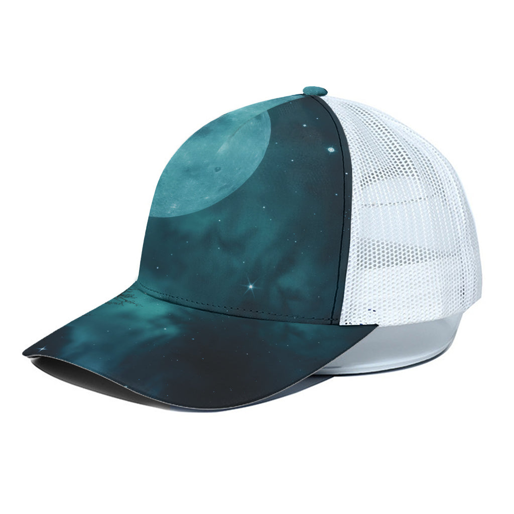 Night Sky And Full Moon Print White Mesh Trucker Cap
