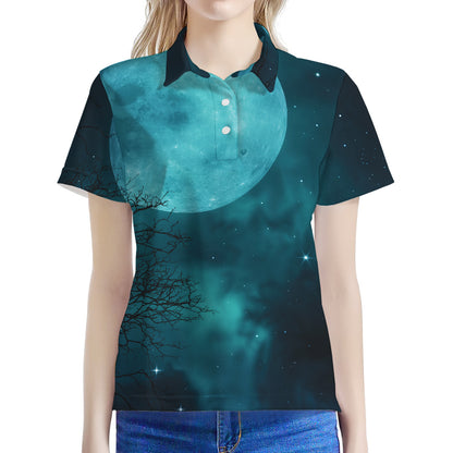 Night Sky And Full Moon Print Women's Polo Shirt