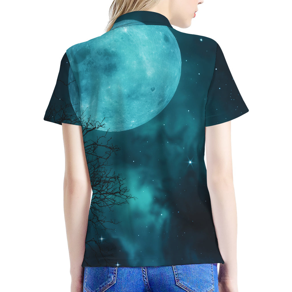 Night Sky And Full Moon Print Women's Polo Shirt