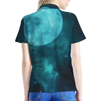 Night Sky And Full Moon Print Women's Polo Shirt