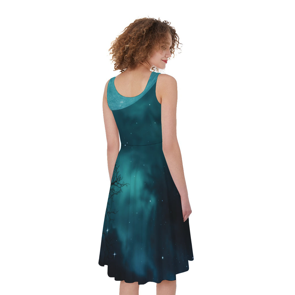 Night Sky And Full Moon Print Women's Sleeveless Dress