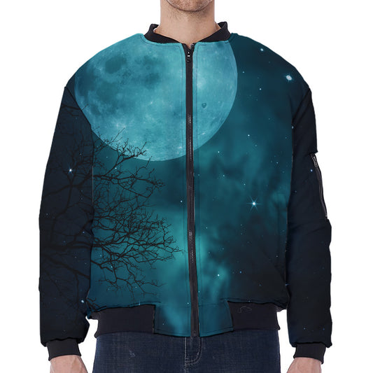 Night Sky And Full Moon Print Zip Sleeve Bomber Jacket