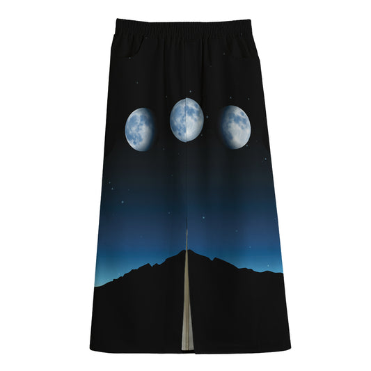Night Sky And Moon Phase Print Cotton Front Slit Maxi Skirt