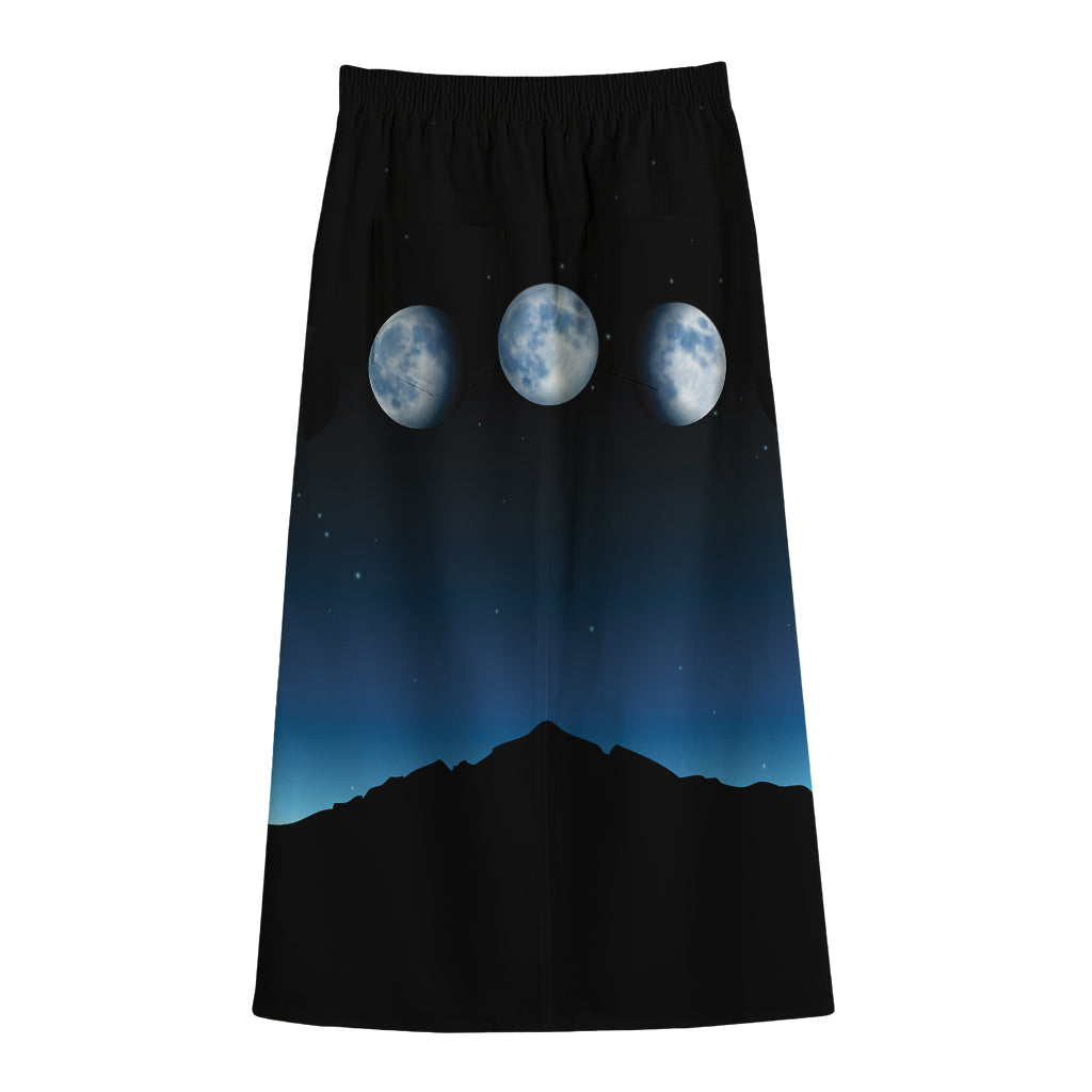 Night Sky And Moon Phase Print Cotton Front Slit Maxi Skirt