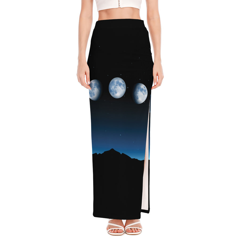 Night Sky And Moon Phase Print High Slit Maxi Skirt