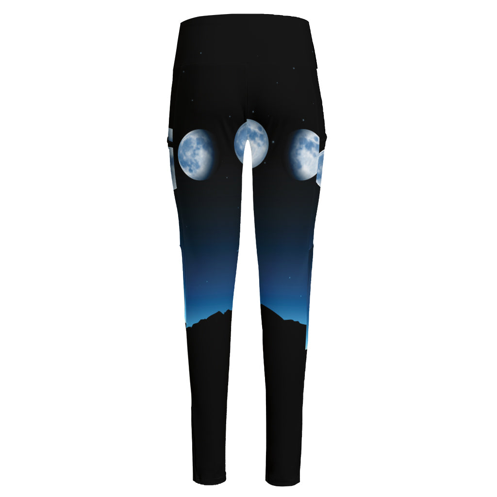 Night Sky And Moon Phase Print High-Waisted Pocket Leggings