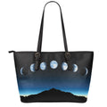 Night Sky And Moon Phase Print Leather Tote Bag With Zipper