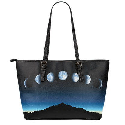 Night Sky And Moon Phase Print Leather Tote Bag