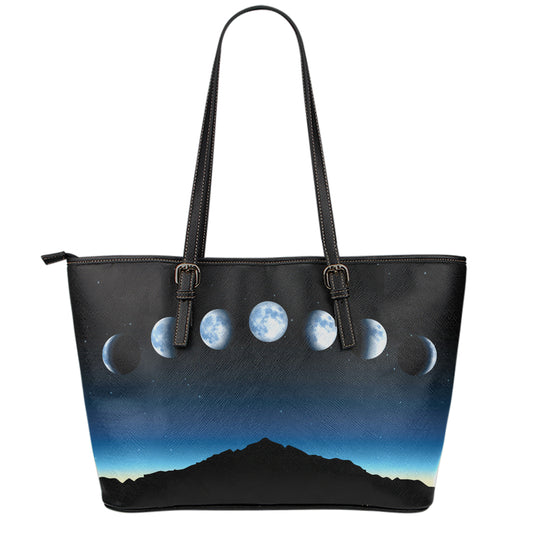 Night Sky And Moon Phase Print Leather Tote Bag