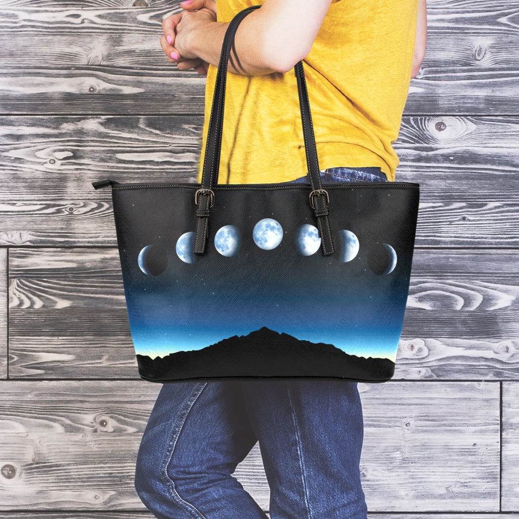 Night Sky And Moon Phase Print Leather Tote Bag