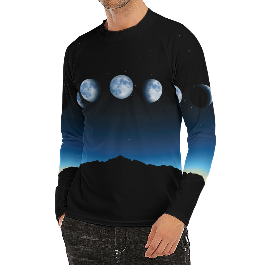 Night Sky And Moon Phase Print Men's Long Sleeve Rash Guard