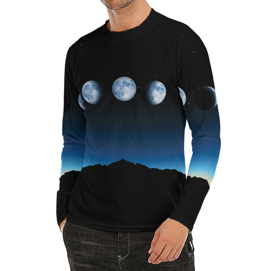 Night Sky And Moon Phase Print Men's Long Sleeve Rash Guard