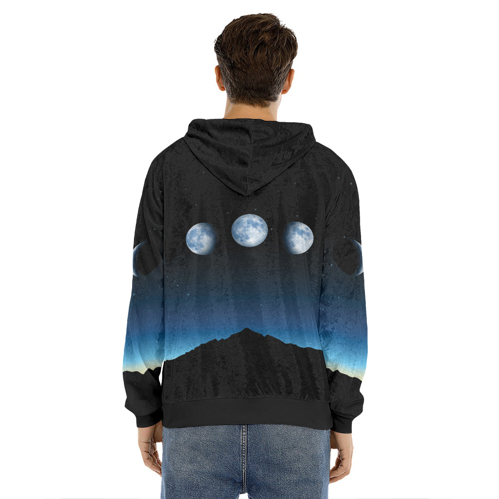Night Sky And Moon Phase Print Men's Velvet Pullover Hoodie