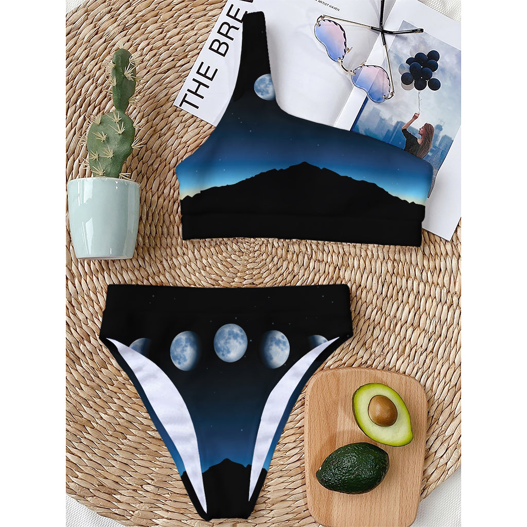 Night Sky And Moon Phase Print One Shoulder Bikini Top