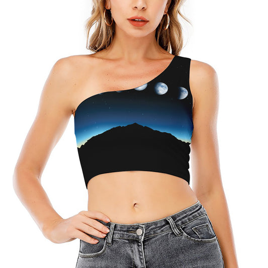 Night Sky And Moon Phase Print One Shoulder Crop Top