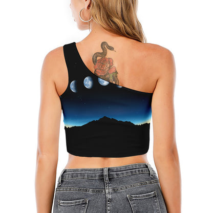 Night Sky And Moon Phase Print One Shoulder Crop Top