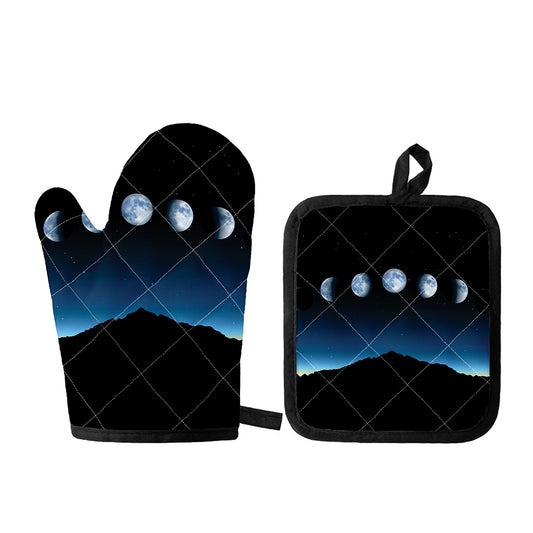 Night Sky And Moon Phase Print Oven Mitt And Pot Holder Set