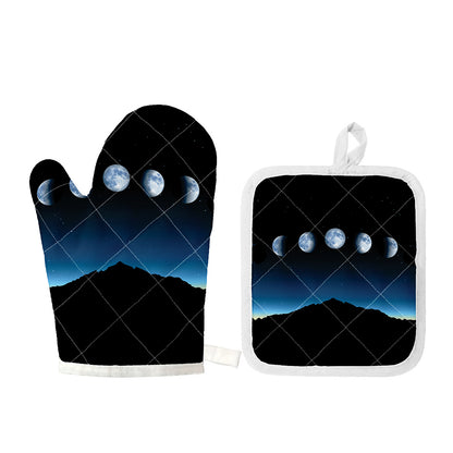 Night Sky And Moon Phase Print Oven Mitt And Pot Holder Set