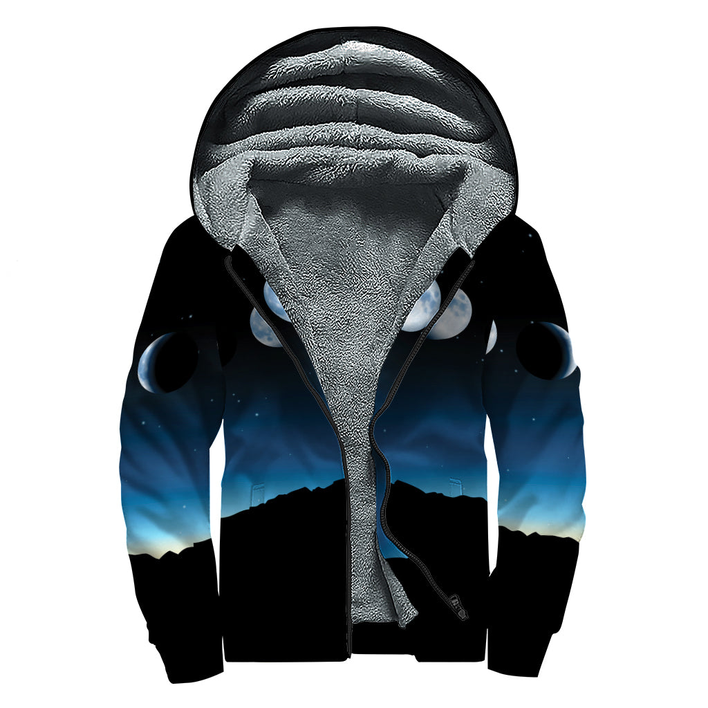 Night Sky And Moon Phase Print Sherpa Lined Zip Up Hoodie