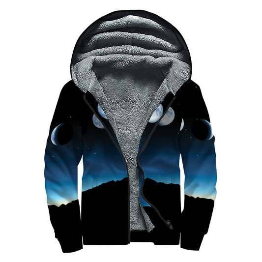 Night Sky And Moon Phase Print Sherpa Lined Zip Up Hoodie