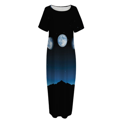 Night Sky And Moon Phase Print Short Sleeve Long Nightdress