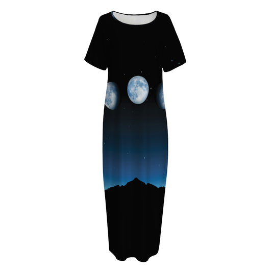Night Sky And Moon Phase Print Short Sleeve Long Nightdress