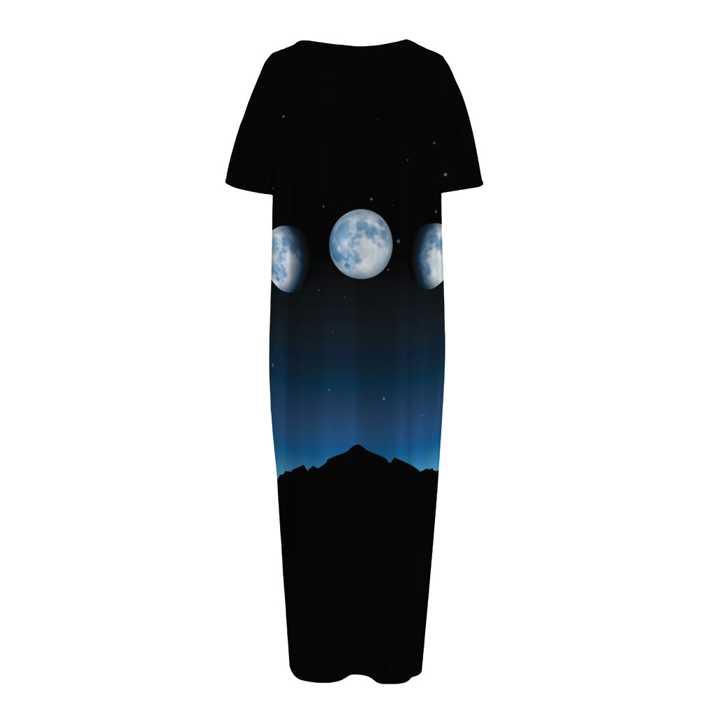 Night Sky And Moon Phase Print Short Sleeve Long Nightdress