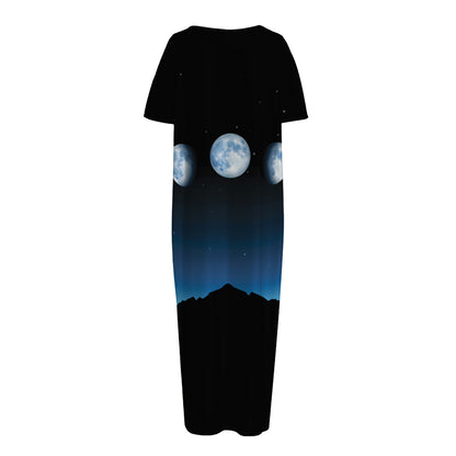 Night Sky And Moon Phase Print Short Sleeve Long Nightdress